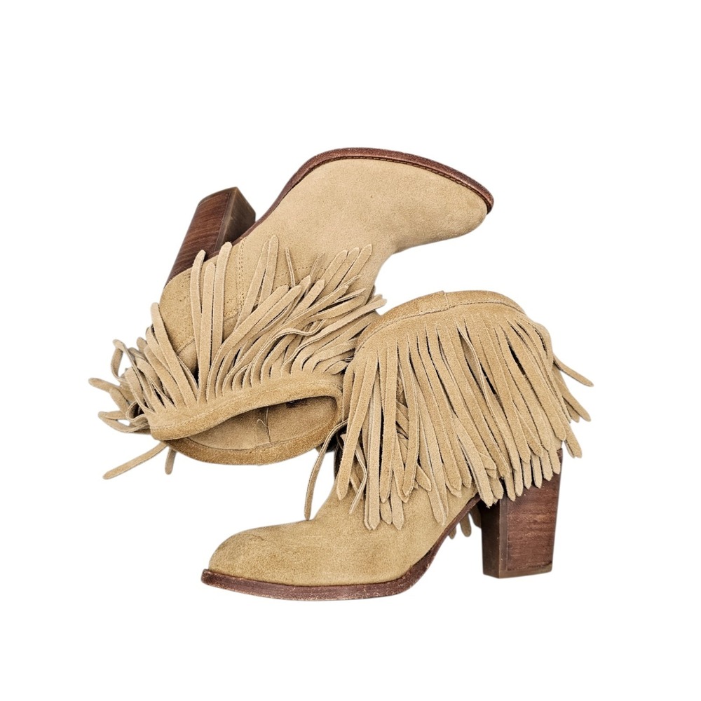 FRYE Womens Size 6.5 US EUC Llana Tan Suede Heeled Pull On Fringe Ankle Booties - Picture 7 of 8